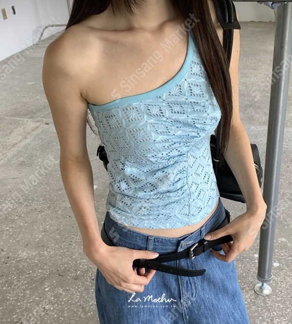 菱格蕾絲抓皺單肩背心(闆娘清單)
